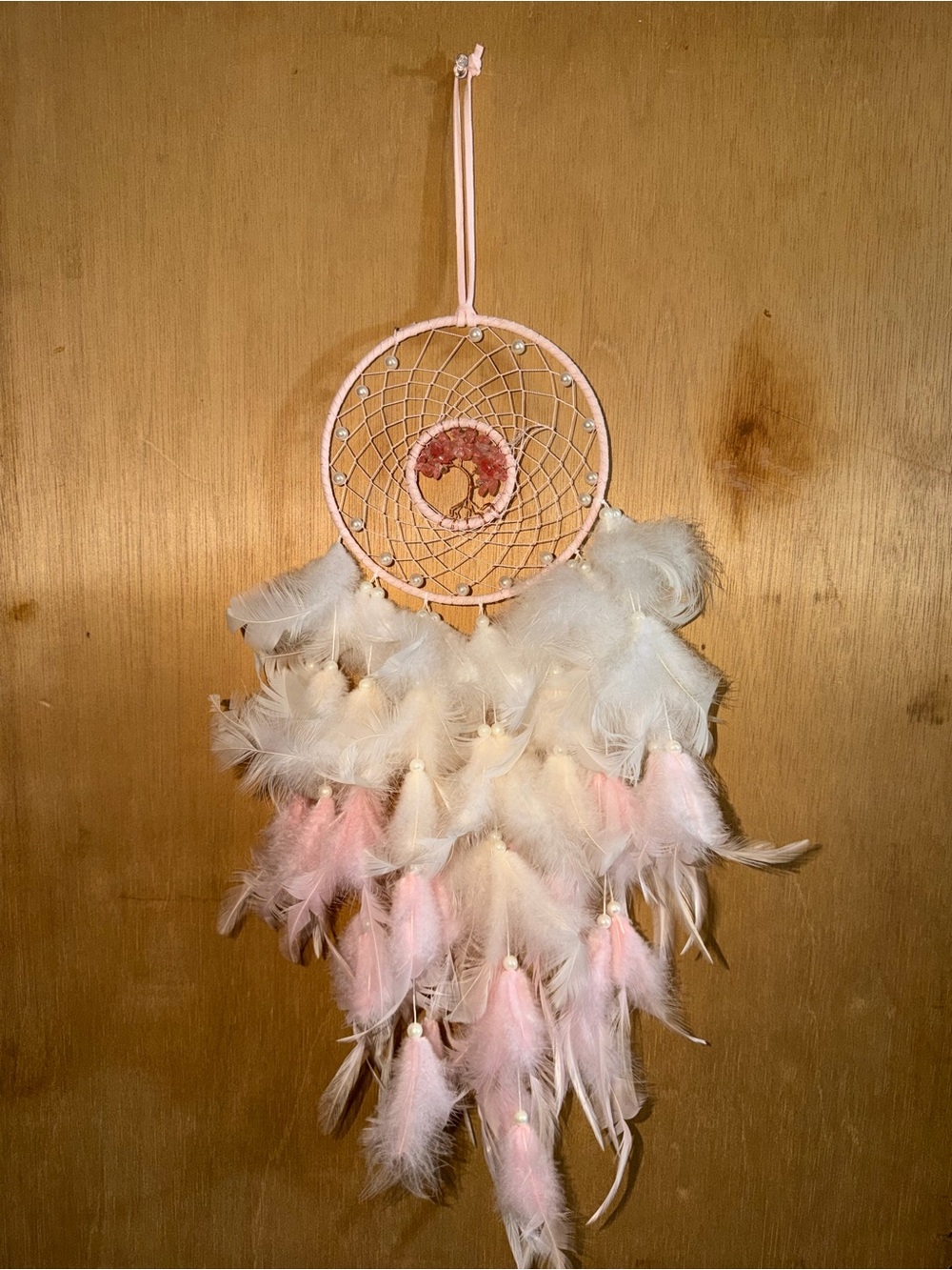 Handmade Pink and White Feather Dreamcatcher Wall Decor